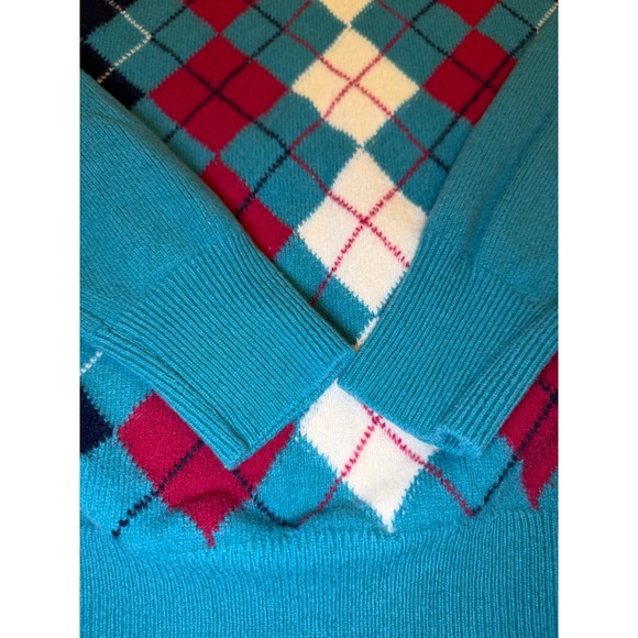 Alan Paine Vintage Lambswool Argyle V-Neck Sweater Teal Red Made in England 44 - Picture 4 of 9